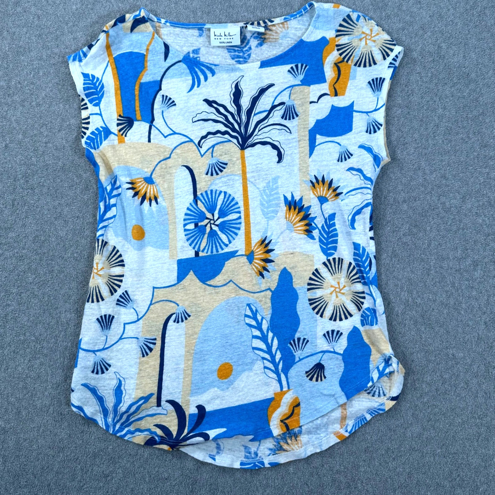 Nicole Miller Linen Mixed Floral Top Women's Medium Blue Cap Sleeve